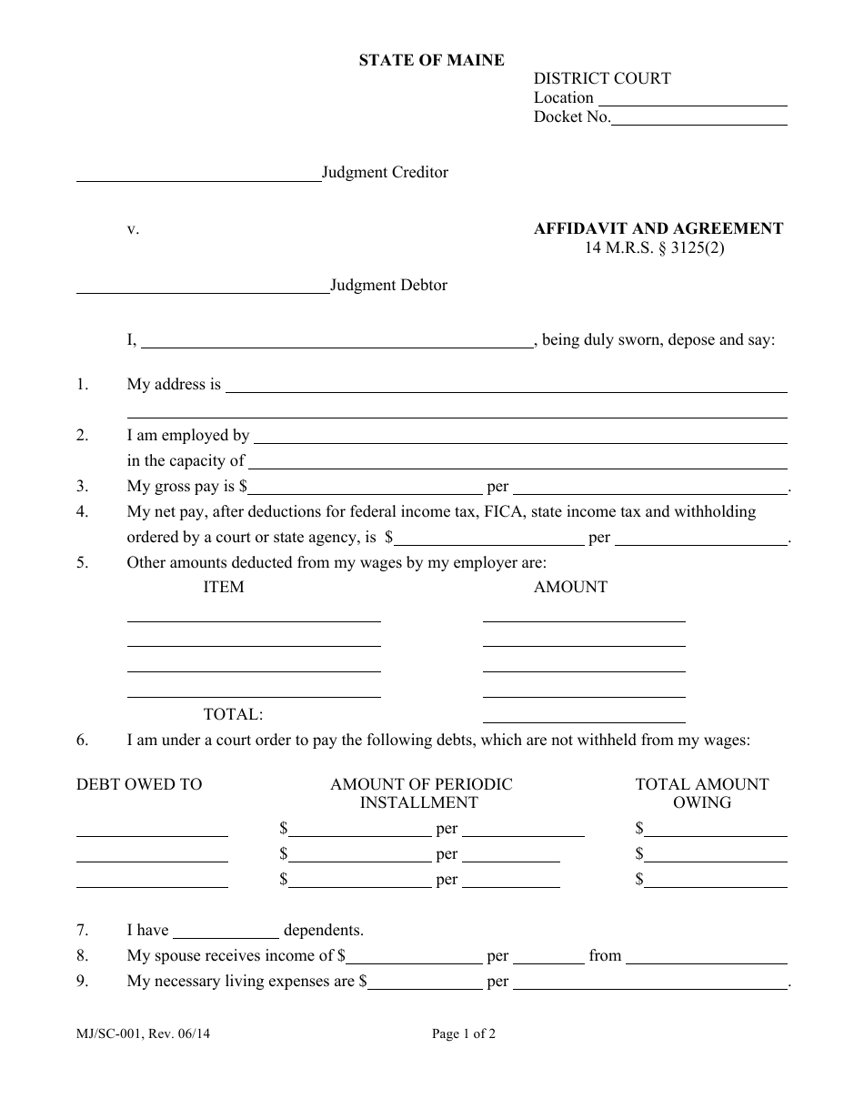 Form MJ/SC-001 Affidavit and Agreement - Maine, Page 1