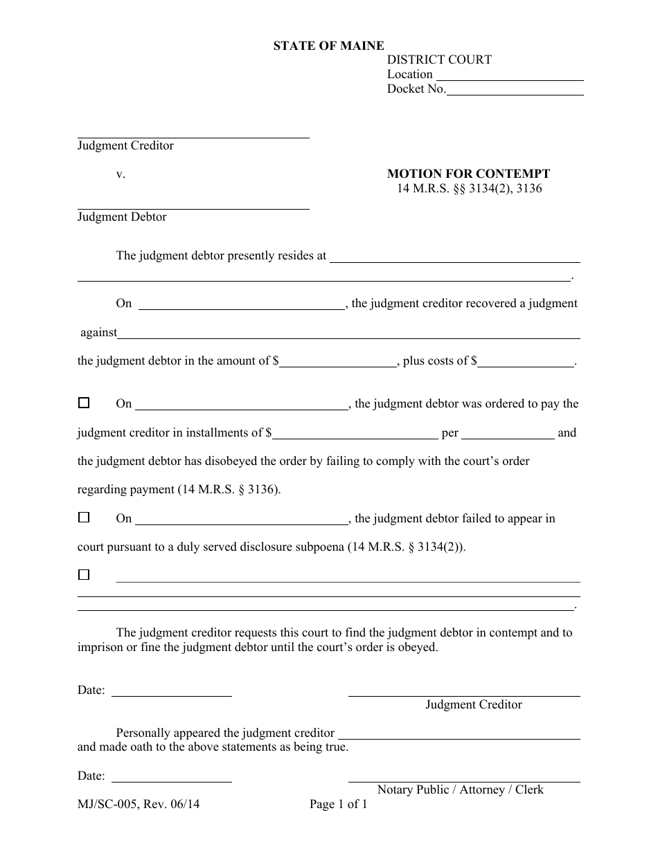 Form MJ / SC-005 Motion for Contempt - Maine, Page 1