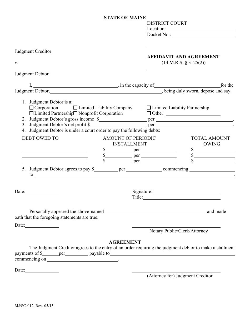 Form MJ/SC-012 Affidavit and Agreement - Maine, Page 1