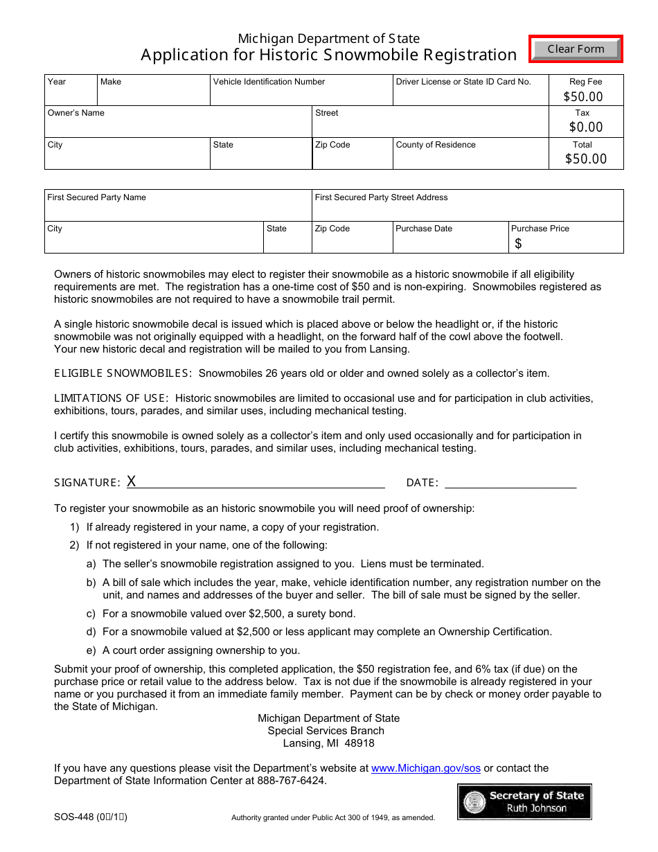 Form SOS-448 Application for Historic Snowmobile Registration - Michigan, Page 1