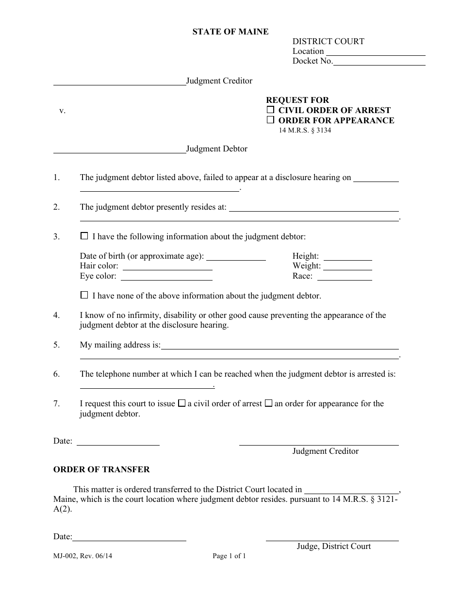 Form MJ-002 Request for Civil Order of Arrest or Order for Appearance - Maine, Page 1