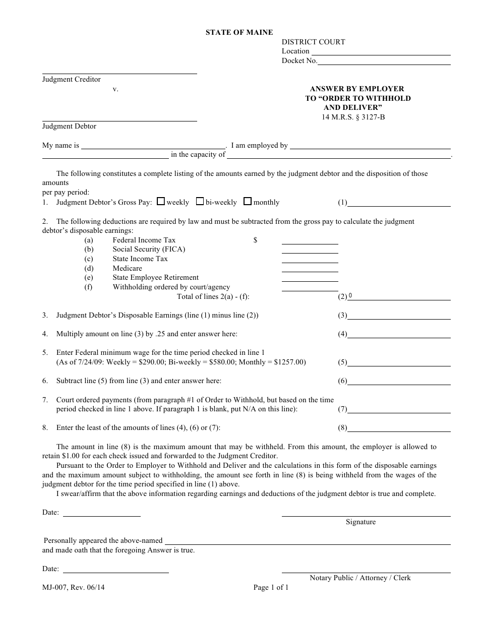 Form MJ-007 Answer by Employer to order to Withhold and Deliver - Maine, Page 1