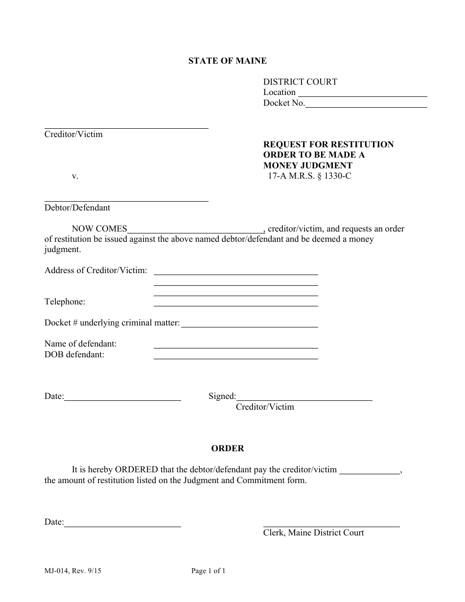 Form MJ-014 Request for Restitution Order to Be Made a Money Judgment - Maine, Page 1