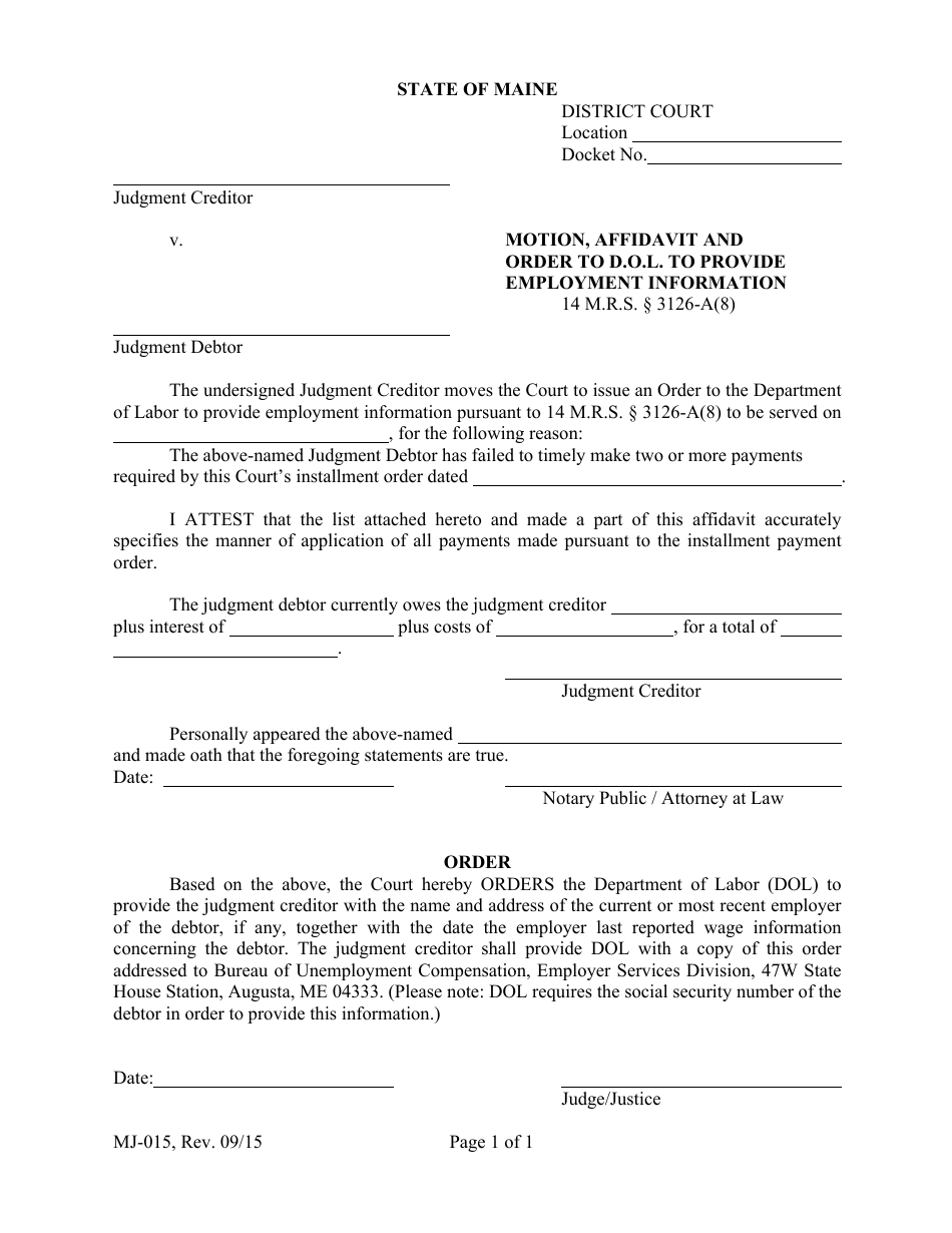 Form MJ-015 - Fill Out, Sign Online and Download Printable PDF, Maine ...