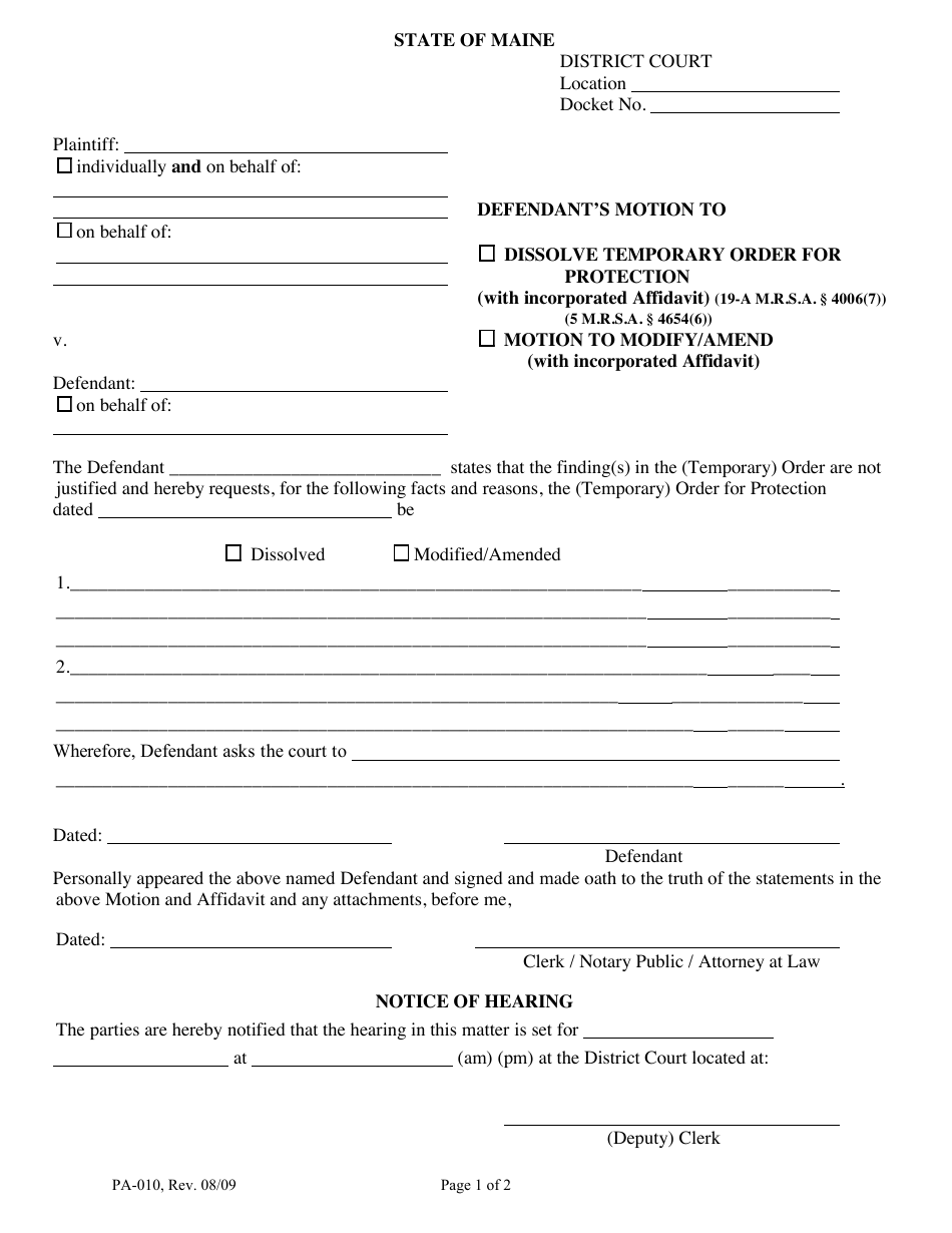 Form PA-010 Defendant's Motion - Maine, Page 1
