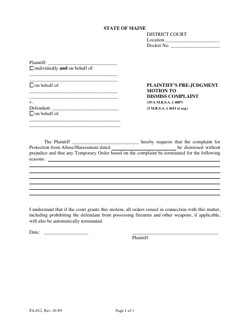 Form PA-012  Printable Pdf