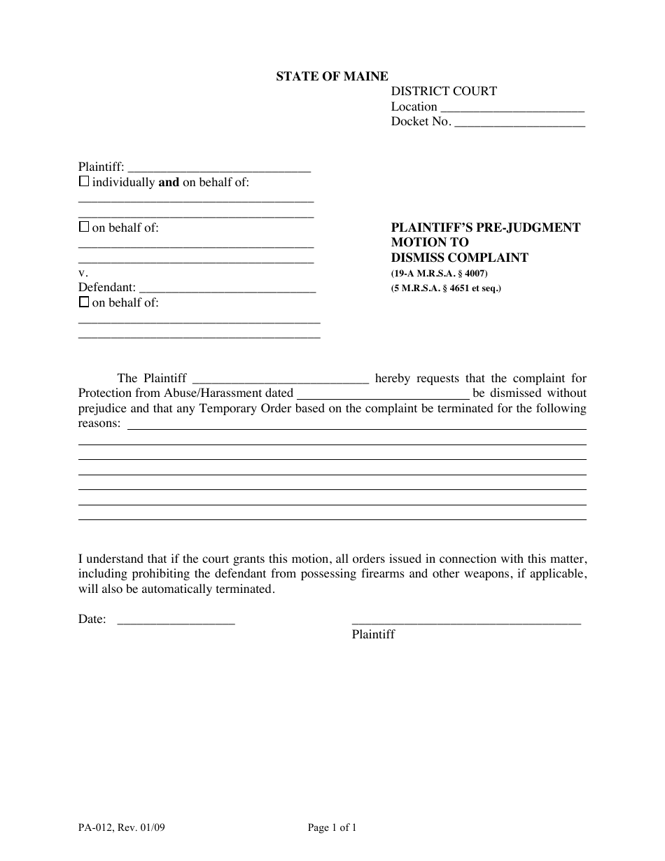 Form PA-012 Plaintiffs Pre-judgment Motion to Dismiss Complaint - Maine, Page 1