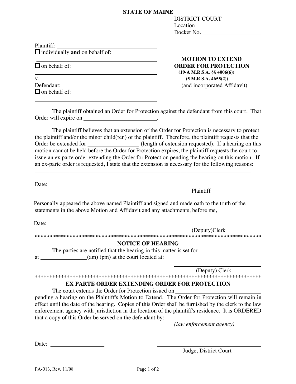 Form PA-013 Motion to Extend Order for Protection - Maine, Page 1