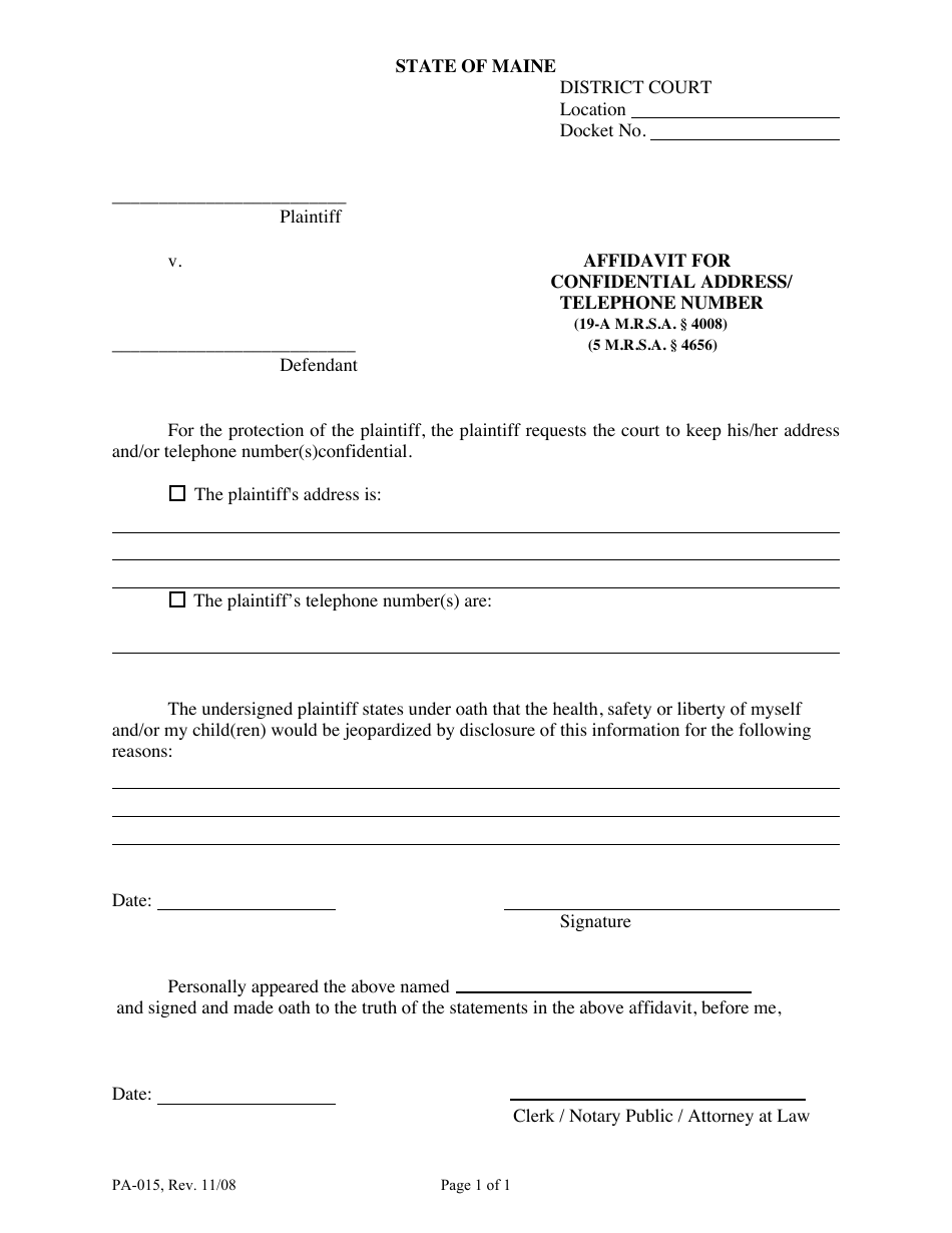 Form PA-015 Affidavit for Confidential Address / Telephone Number - Maine, Page 1