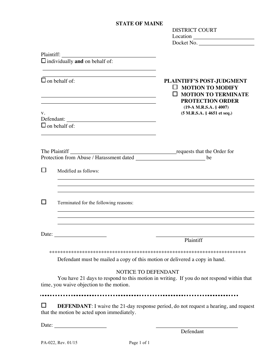 Form PA-022 Plaintiffs Post-judgment Motion (Modify or Terminate) - Maine, Page 1