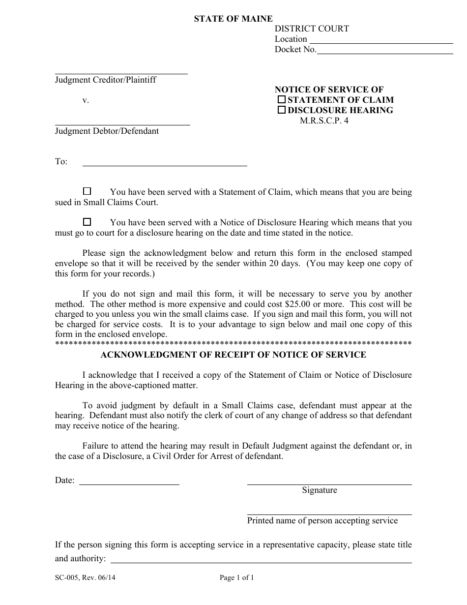 Form SC-005 Notice of Service - Maine, Page 1