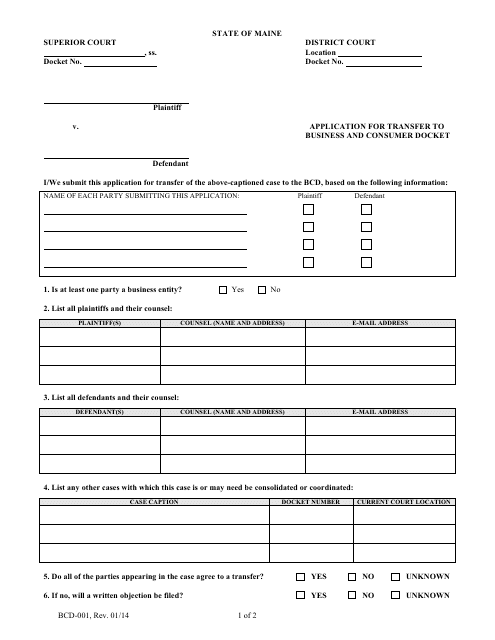Form BCD-001 Application for Transfer to Business and Consumer Docket - Maine