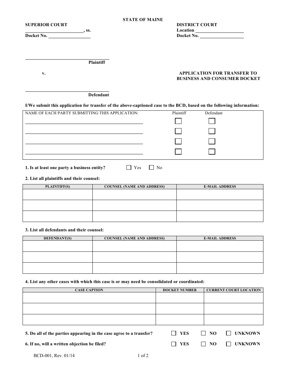 Form BCD-001 Application for Transfer to Business and Consumer Docket - Maine, Page 1
