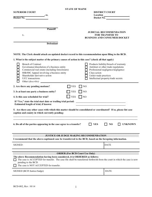Form BCD-002 Judicial Recommendation for Transfer to Business and Consumer Docket - Maine