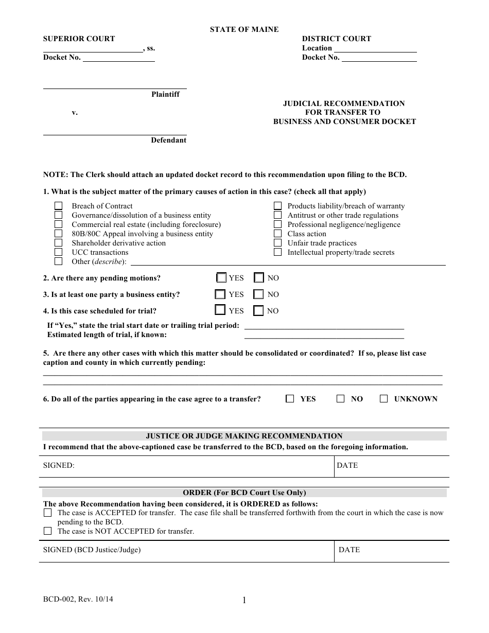 Form BCD-002 Judicial Recommendation for Transfer to Business and Consumer Docket - Maine, Page 1