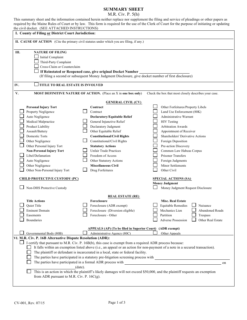 Form CV-001 Summary Sheet - Maine, Page 1