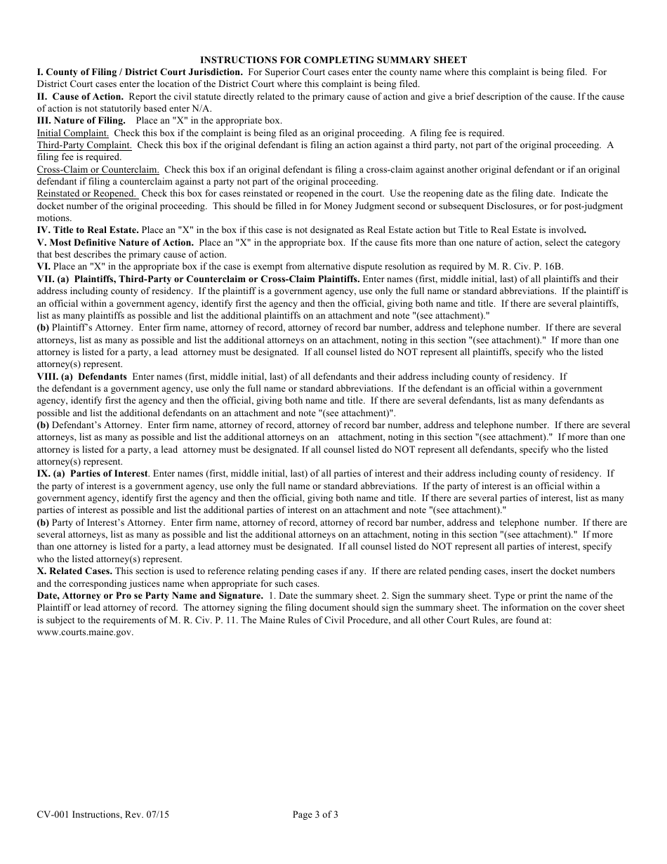 Form CV-001 Summary Sheet - Maine, Page 3