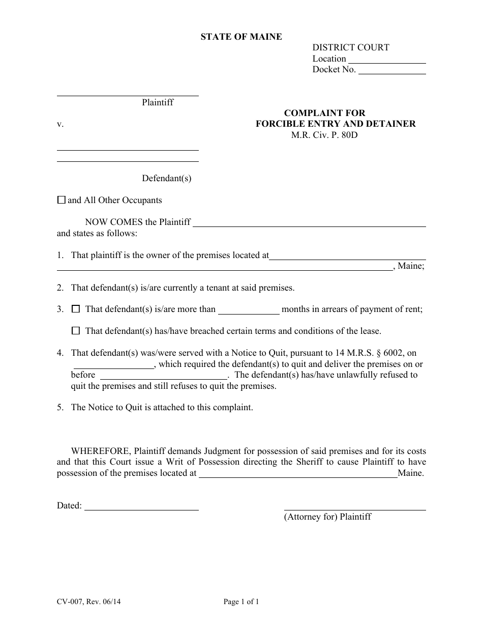 Form CV-007 Complaint for Forcible Entry and Detainer - Maine, Page 1