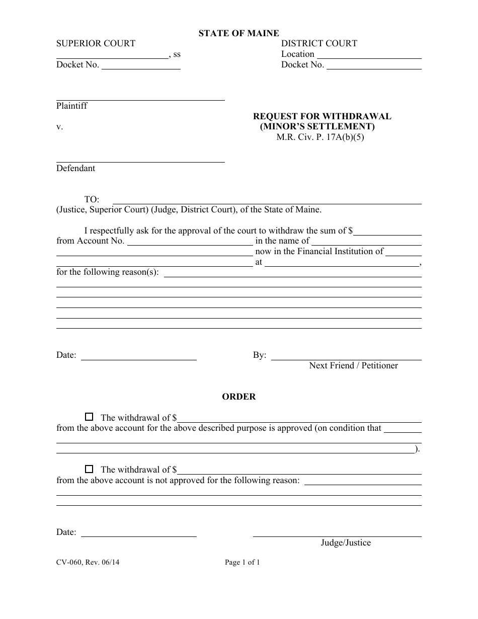 Form CV-060 Request for Withdrawal (Minors Settlement) - Maine, Page 1