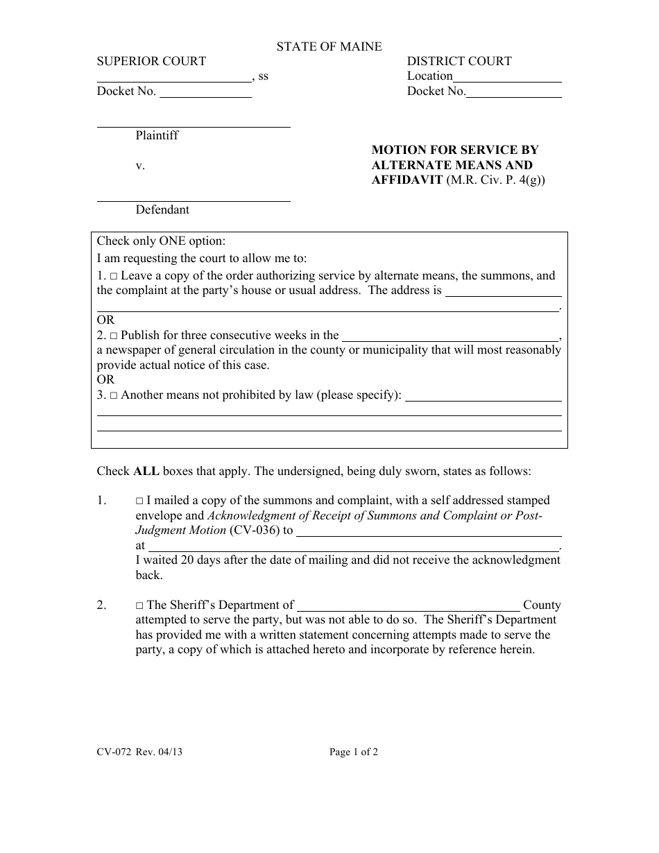 Form CV-072 Motion for Service by Alternate Means and Affidavit - Maine, Page 1