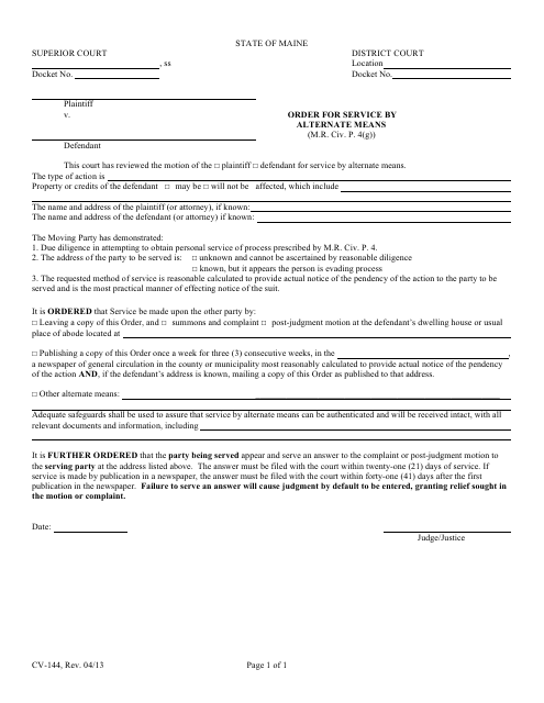 Form CV-144 Order for Service by Alternate Means - Maine