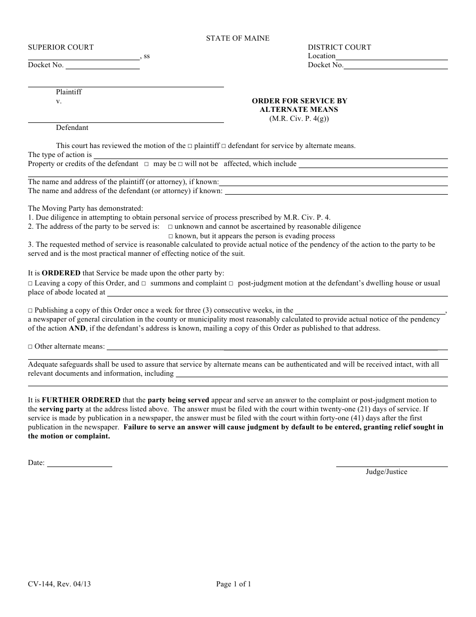 Form CV-144 Order for Service by Alternate Means - Maine, Page 1