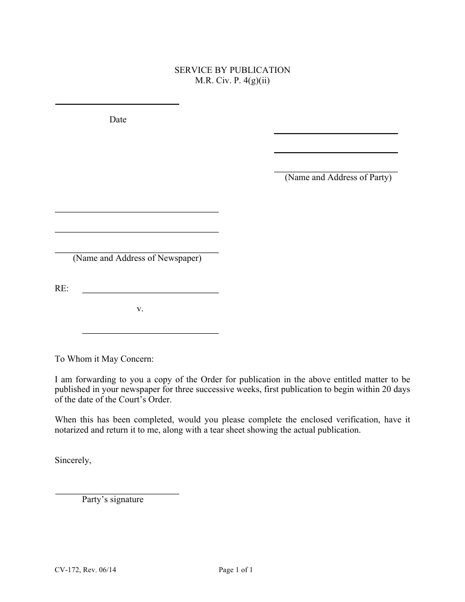 Form CV-172 Newspaper Cover Letter - Maine, Page 1