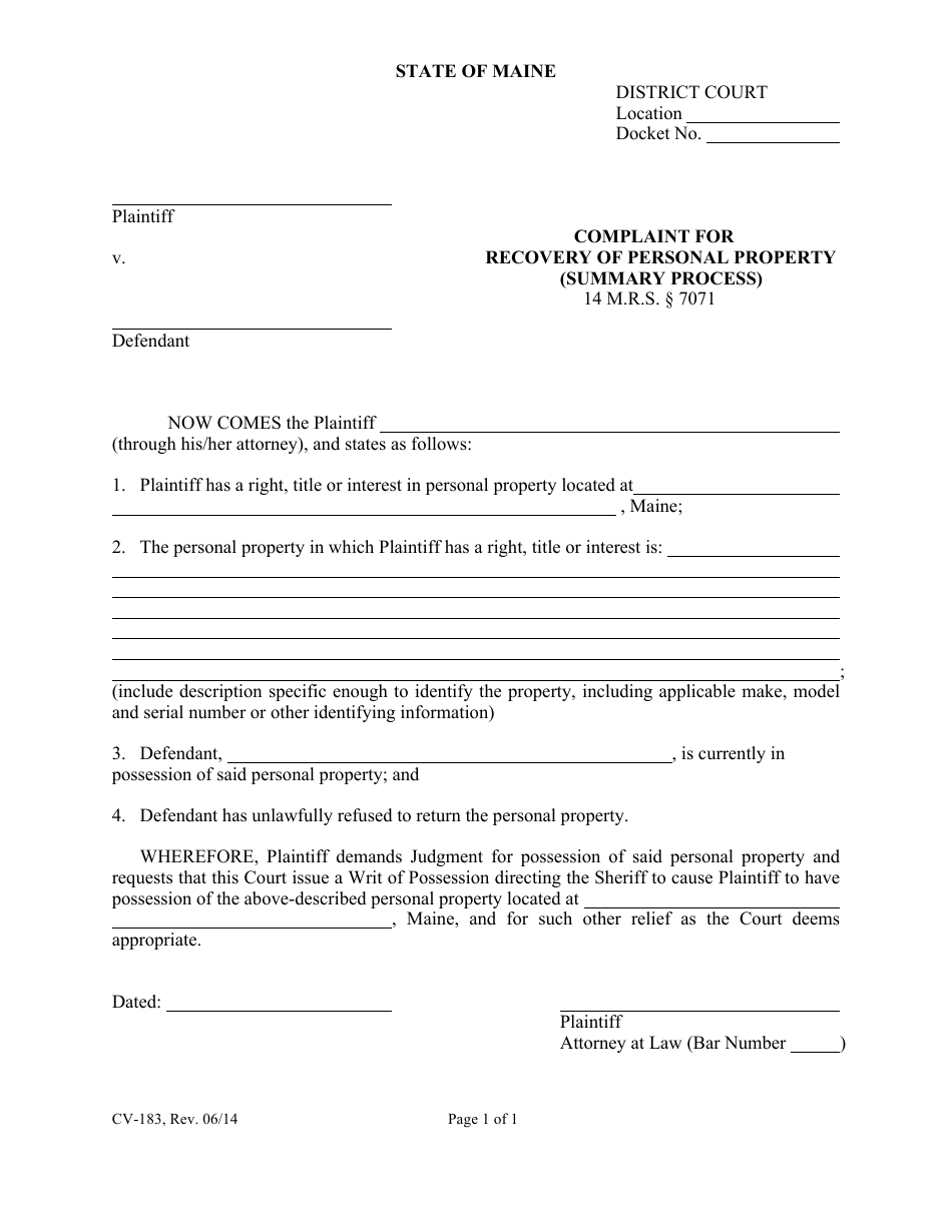 Form CV-183 Complaint for Recovery of Personal Property (Summary Process) - Maine, Page 1