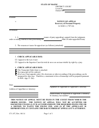 Document preview: Form CV-187 Notice of Appeal for Recovery of Personal Property - Maine