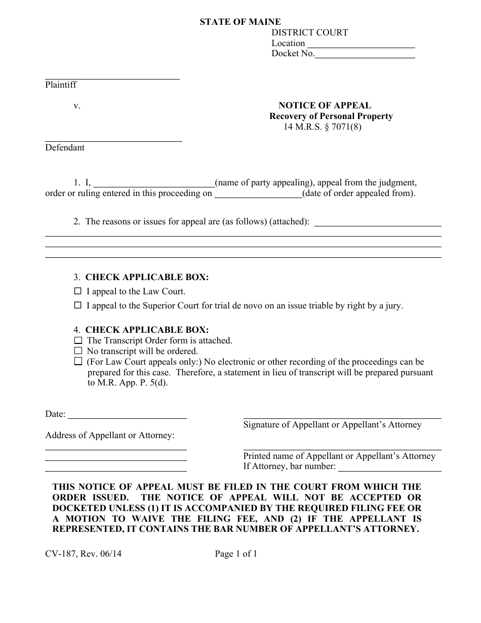 Form CV-187 Notice of Appeal for Recovery of Personal Property - Maine, Page 1