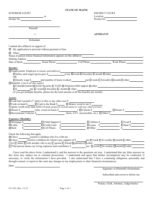Form CV-191 Affidavit - Maine
