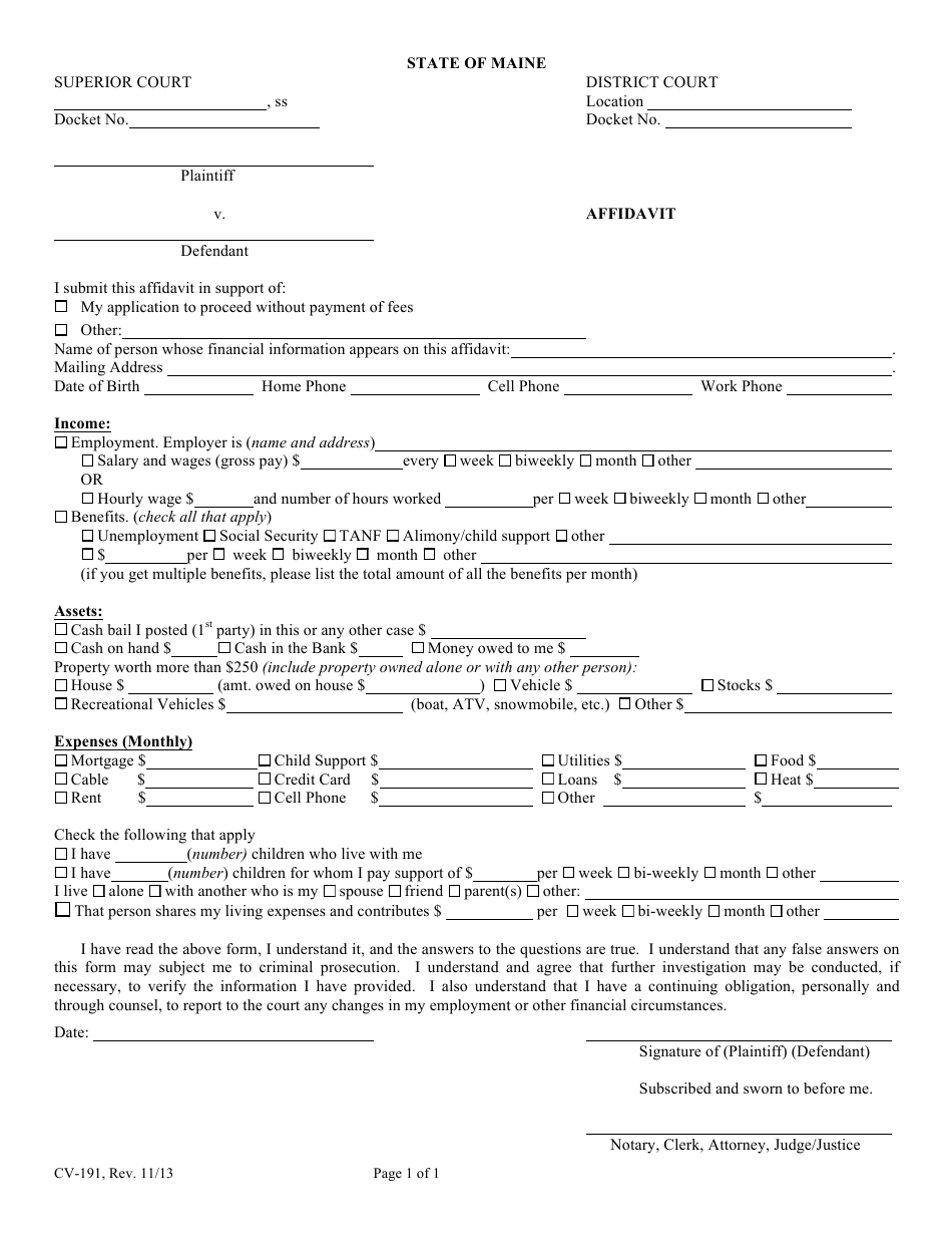 Form CV-191 - Fill Out, Sign Online and Download Fillable PDF, Maine ...