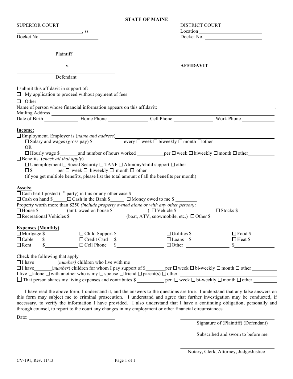 Form CV-191 Affidavit - Maine, Page 1