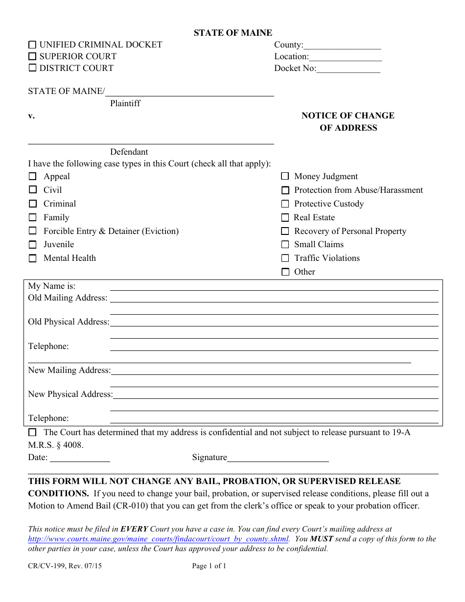 Form CV-CR-199 Notice of Address Change - Maine, Page 1