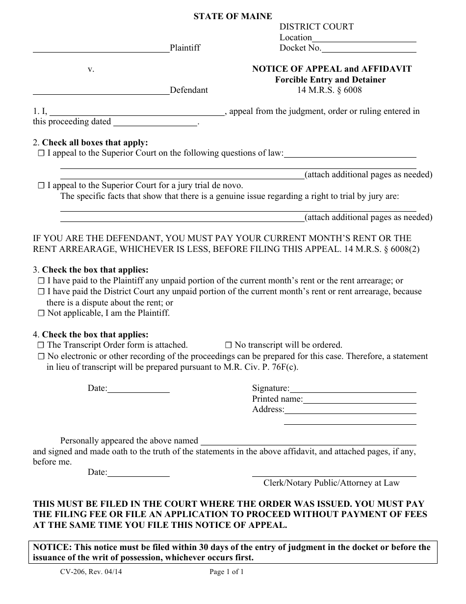 Form CV-206 Notice of Appeal and Affidavit Forcible Entry and Detainer - Maine, Page 1