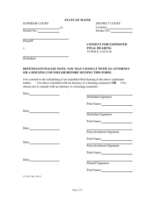Form CV-207 Consent for Expedited Final Hearing - Maine