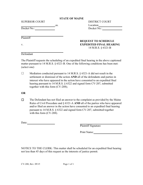 Form CV-208 Request to Schedule Expedited Final Hearing - Maine