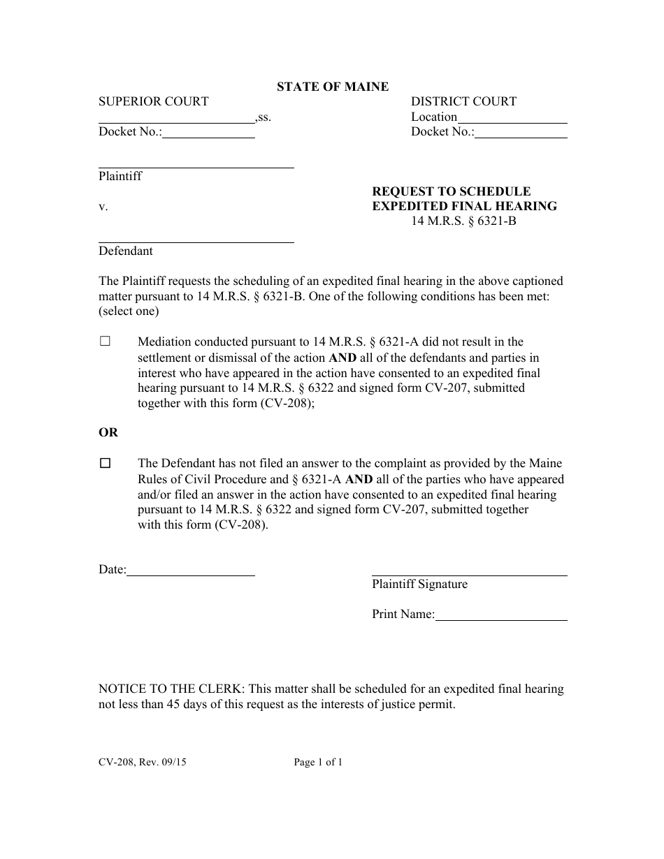 Form CV-208 Request to Schedule Expedited Final Hearing - Maine, Page 1
