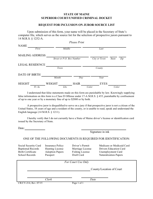 Form CV-CR-214 Request for Inclusion on Juror Source List - Maine