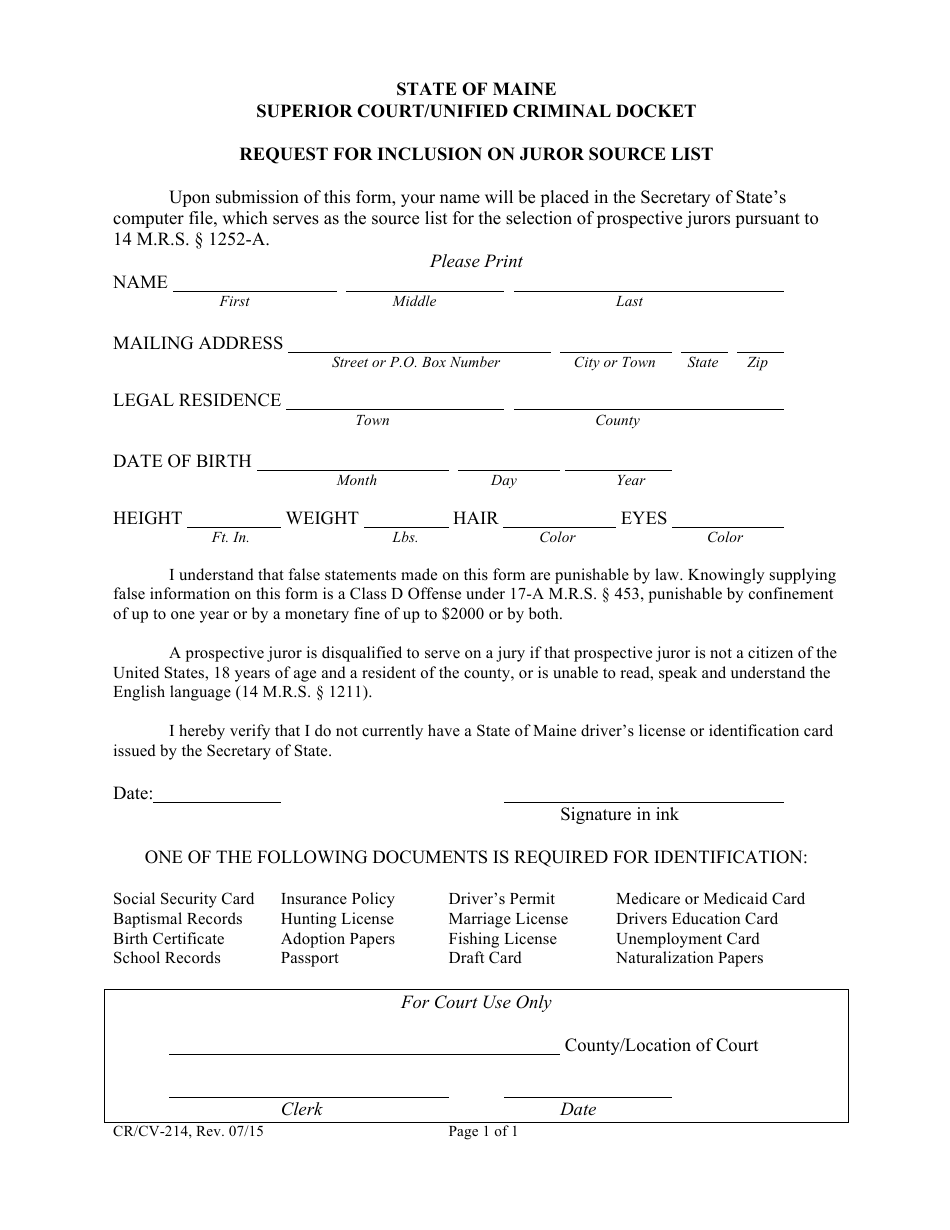 Form CV-CR-214 Request for Inclusion on Juror Source List - Maine, Page 1
