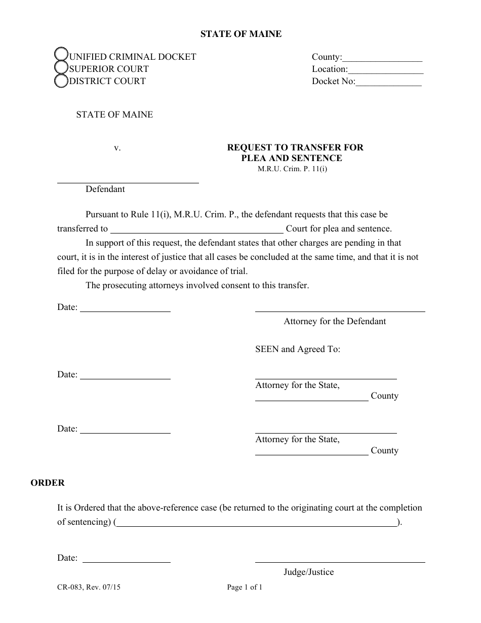 Form CR-083 Request to Transfer for Plea and Sentence - Maine, Page 1