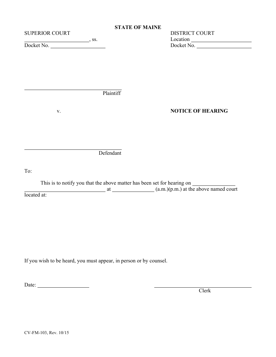 Form CV-FM-103 Notice of Hearing - Maine, Page 1