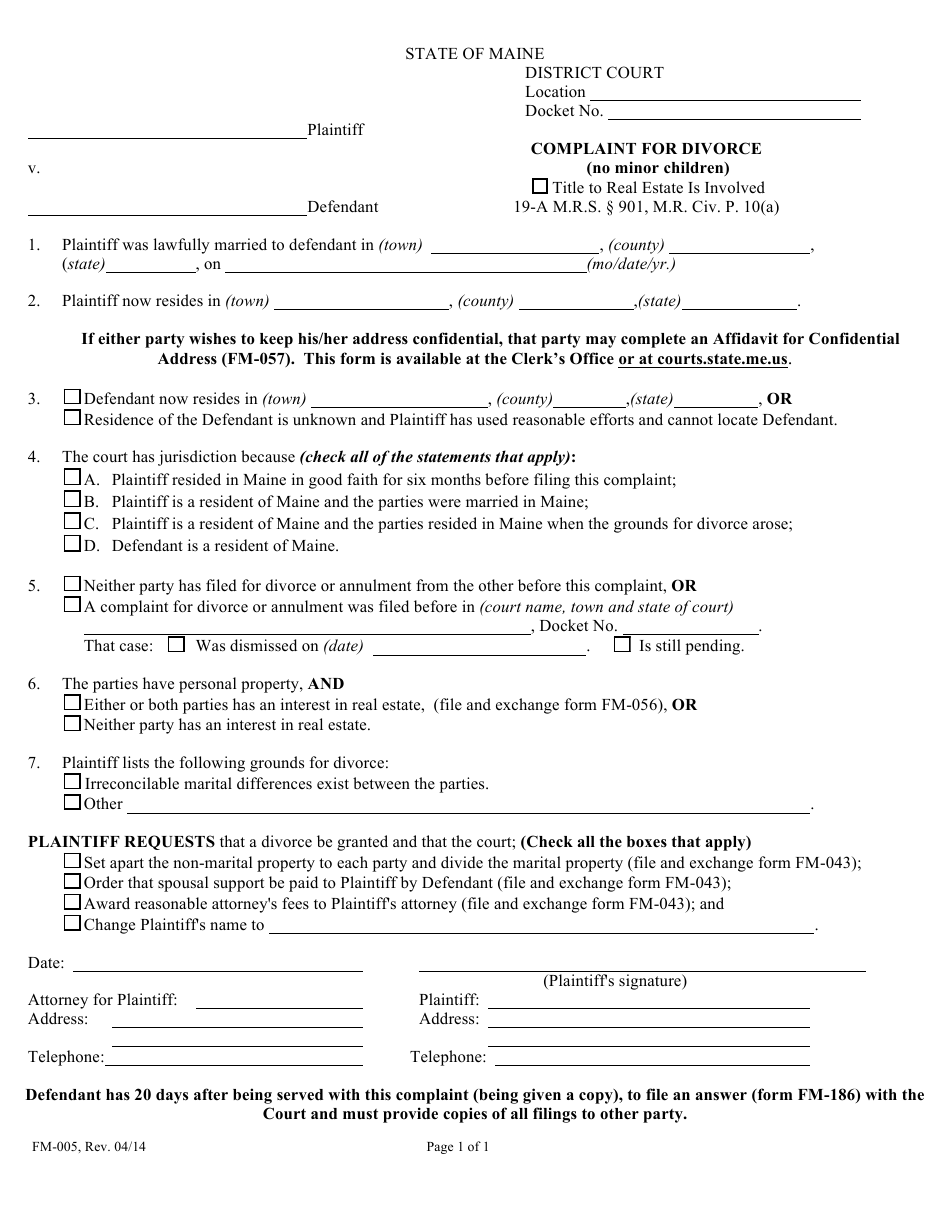 Form FM-005 Divorce Complaint Without Children - Maine, Page 1