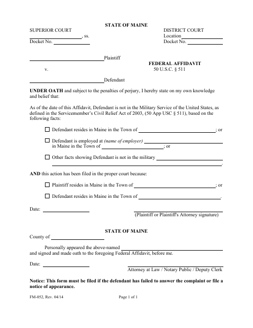 Form FM-052 Federal Affidavit - Maine
