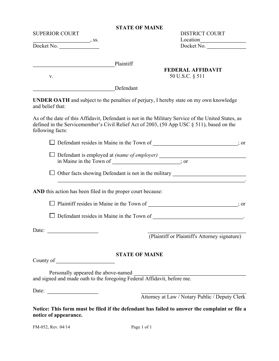Form FM-052 Federal Affidavit - Maine, Page 1