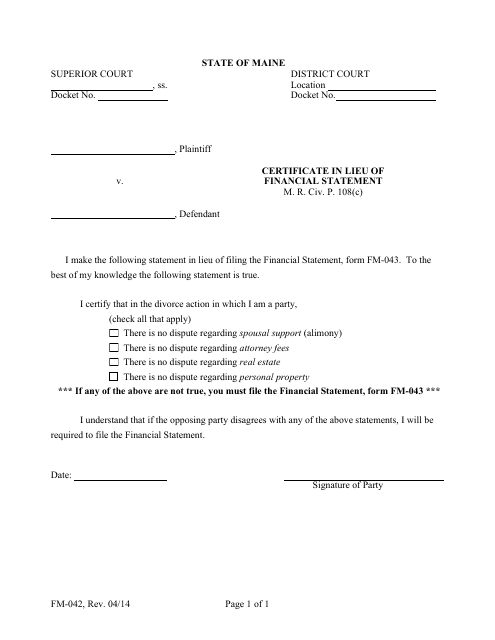 Form FM-042 Certificate in Lieu of Financial Statement - Maine
