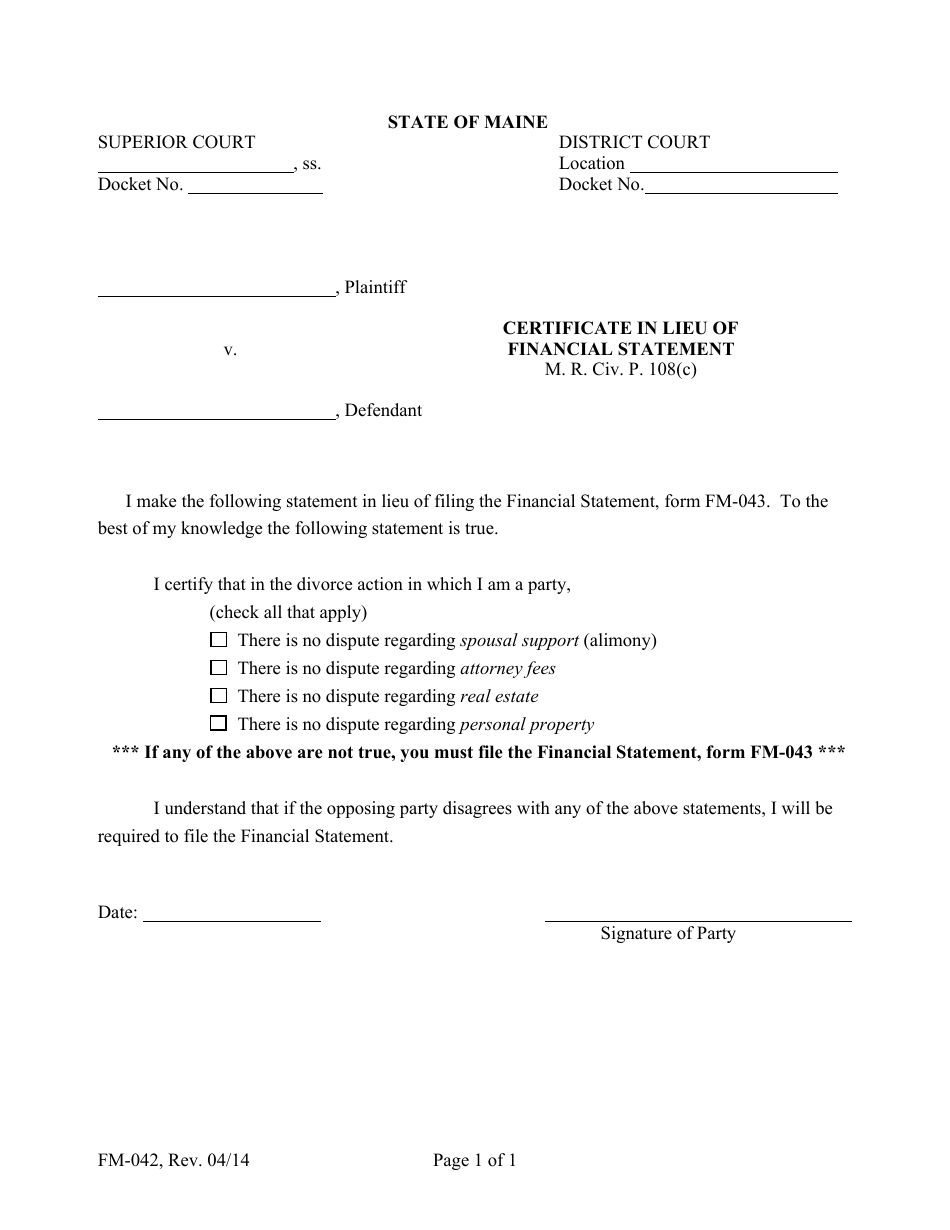 Form FM-042 Certificate in Lieu of Financial Statement - Maine, Page 1