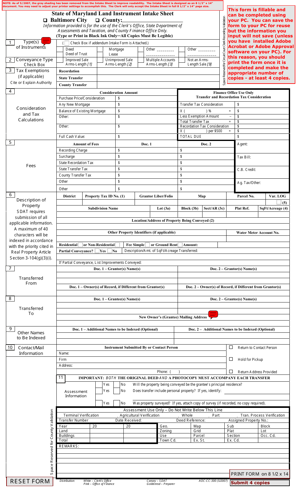 Form AOC-CC-300 State of Maryland Land Instrument Intake Sheet - Maryland, Page 1