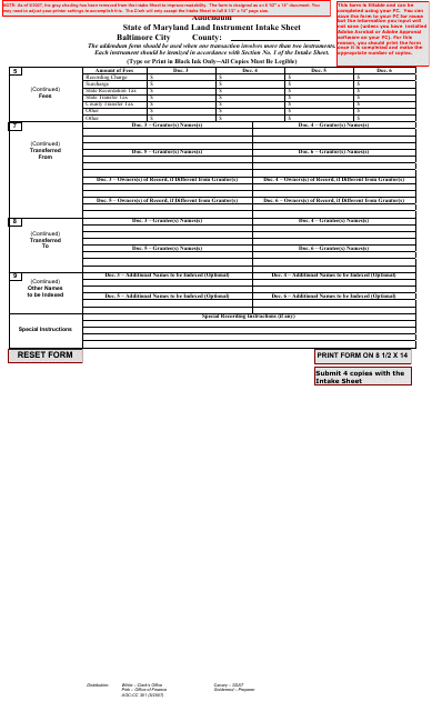 Form AOC-CC301 State of Maryland Land Instrument Intake Sheet - Maryland