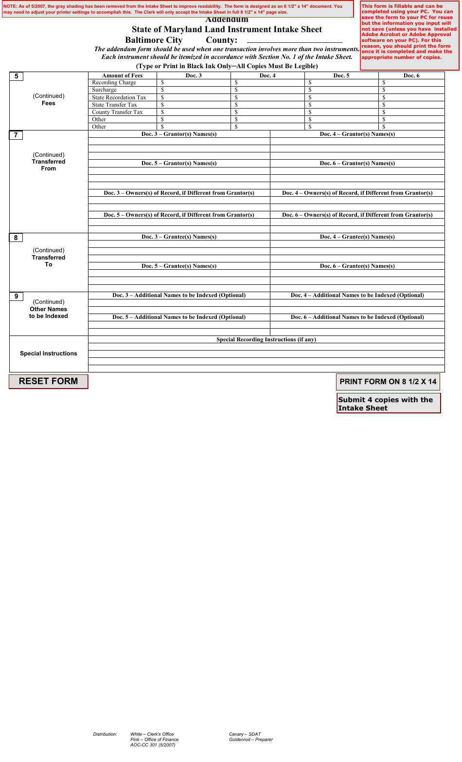 Form AOC-CC301 State of Maryland Land Instrument Intake Sheet - Maryland, Page 1